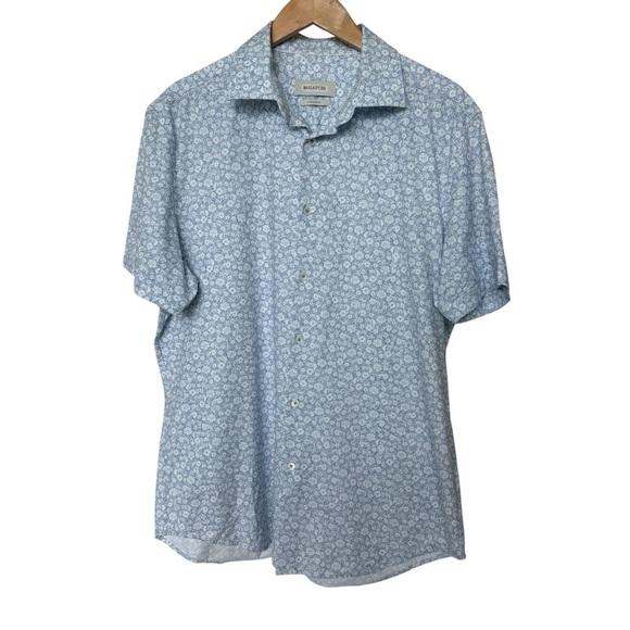 BUGATCHI Men's L Blue Stretch Floral Short Sleeve Button-Up Shirt Casual Cotton - Picture 2 of 9